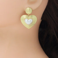 Gold Silver White Pearl On Heart Shape Statement Earrings, Sku#A467