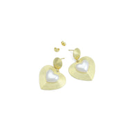 Gold Silver White Pearl On Heart Shape Statement Earrings, Sku#A467