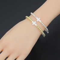 Hematite with curved Mother of Pearl Cross Stretchy Bracelet, Sku#EF777