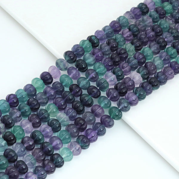 Green Purple Genuine Fluorite Carved Pumpkin Beads, Sku#U2071