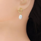 Gold Silver Oval Link Pearl Pendant Hoop Earrings, Sku#A324