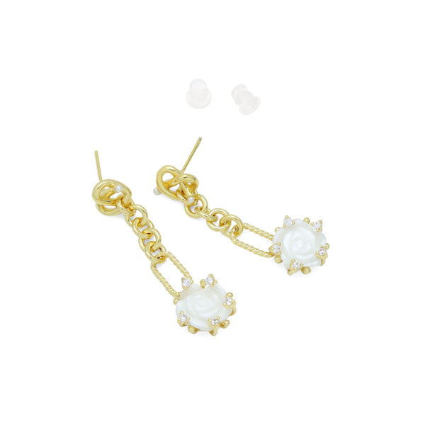 White Mother of Pearl Rose Flower Heart Gold Stud Earring, Sku#Y992