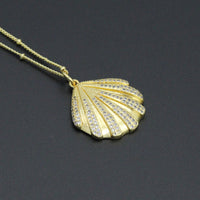 Gold Link Chain Clear CZ Shell Pendant Adjustable Necklace, sku#EF717