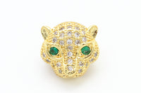 CZ Micro Pave Jaguar Panther Head with Green Eye Beads, Cubic Zirconia Spacer Beads, Leopard Animal Head Space Beads,12mm, 1/2pcs sku#G105