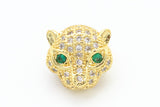 CZ Micro Pave Jaguar Panther Head with Green Eye Beads, Cubic Zirconia Spacer Beads, Leopard Animal Head Space Beads,12mm, 1/2pcs sku#G105