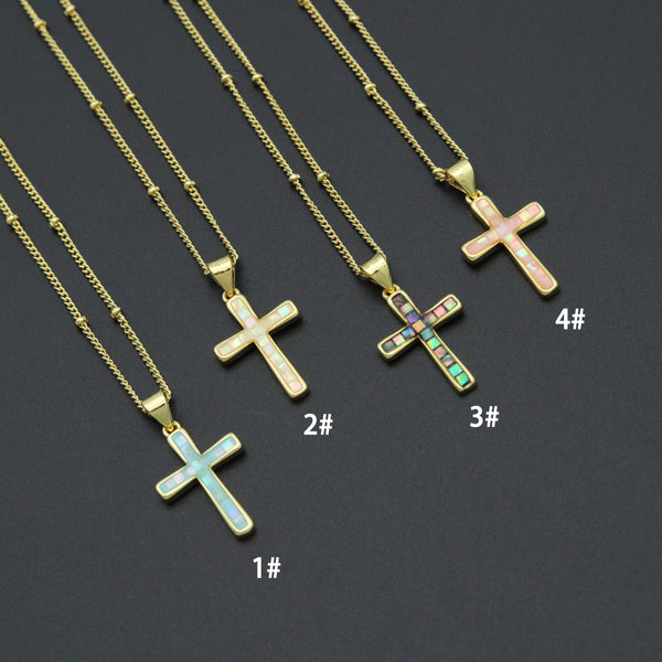 Gold Link Chain Enamel Cross Pendant Adjustable Necklace, sku#EF718
