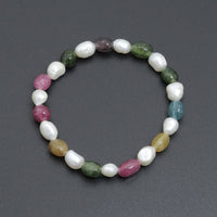 Freeform Pearl with Jade Stretchy Bracelet, Sku#EF654