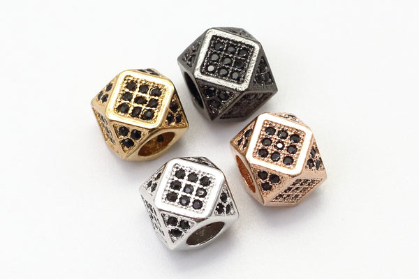 CZ Micro Pave Big Hole Multi Sided Cubic Square Beads, Hex Cubic Zirconia Spacer, Black/Gold/Silver Men's Jewelry Findings,7x9mm, sku#G119