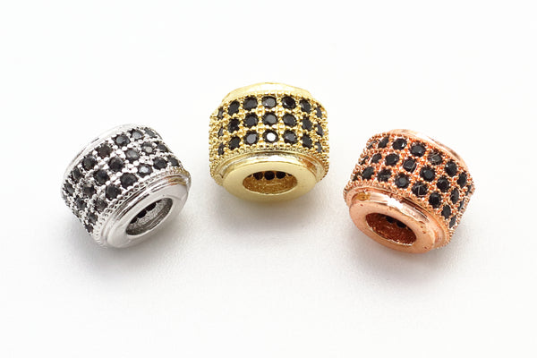 CZ Big Hole Drum Barrel Black Micro Pave Beads, Gold/Rose Gold/Silver/Black Cubic Zirconia Spacer Beads, Men's Jewelry, 9x7mm, sku#G125