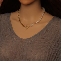 Freshwater Pearl Gold Curb Cuban Chain Necklace, Sku#EF212