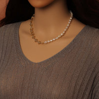 Knotted Link Chain Freshwater Pearl Bracelet Necklace, Sku#EF352C