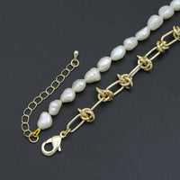 Knotted Link Chain Freshwater Pearl Bracelet Necklace, Sku#EF352C