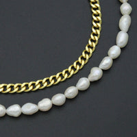 Freshwater Pearl Gold Curb Cuban Chain Necklace, Sku#EF212