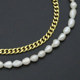 Freshwater Pearl Gold Curb Cuban Chain Necklace, Sku#EF212