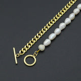 Freshwater Pearl Gold Curb Cuban Chain Necklace, Sku#EF212