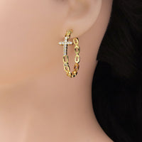 Clear CZ Gold Cross Chain Link Hoop Earrings, Sku#LD525