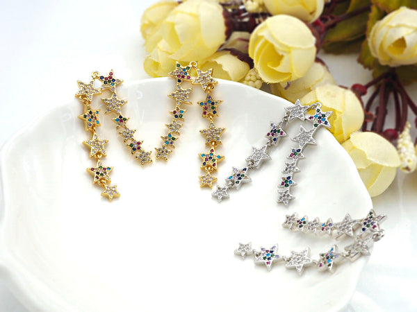 Colorful CZ Long Stars Hook Earring, Sku#J98