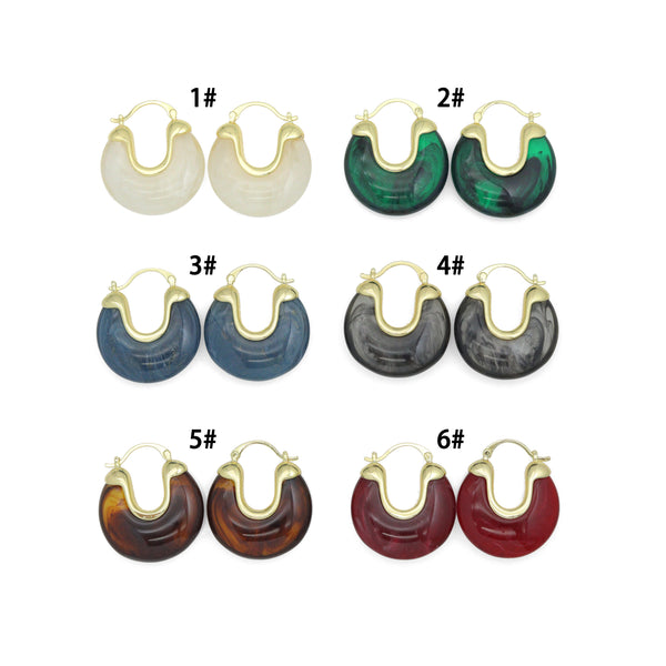 Vintage Style Marbled Resin U-Hoop Earrings with Gold Detailing, Sku#JL210