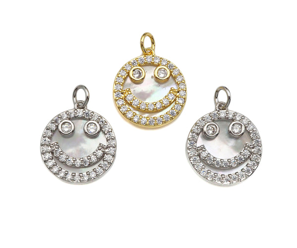 Mother-of-pearl Inlay Smiley Face Round Pendant/Charm, Cubic Zirconia Pendant Charm, MOP Charm, 18x16mm,Sku#L368