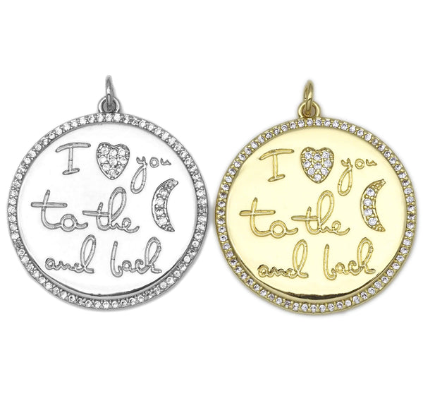 CZ Micro Pave Word Heart Moon on Round Coin Pendant/Charm, 18K Gold Filled Medallion Charm,Necklace Bracelet Pendant Charm,29x31mm,Sku#L608