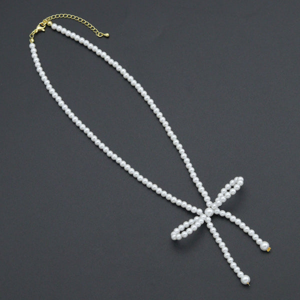 White Pearl Bow Pendant Adjustable Necklace, Sku#L720