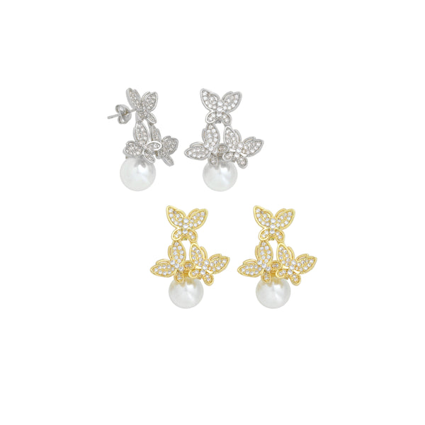 Clear CZ White Pearl Butterfly Stud Earrings, Sku#L725