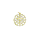 Clear CZ Gold Cross On Round Charm Pendant, Sku#L727