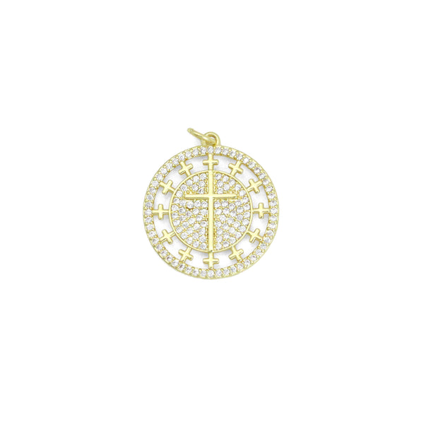 Clear CZ Gold Cross On Round Charm Pendant, Sku#L727