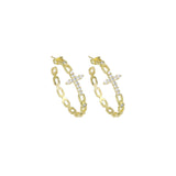 Clear CZ Gold Cross Chain Link Hoop Earrings, Sku#LD525