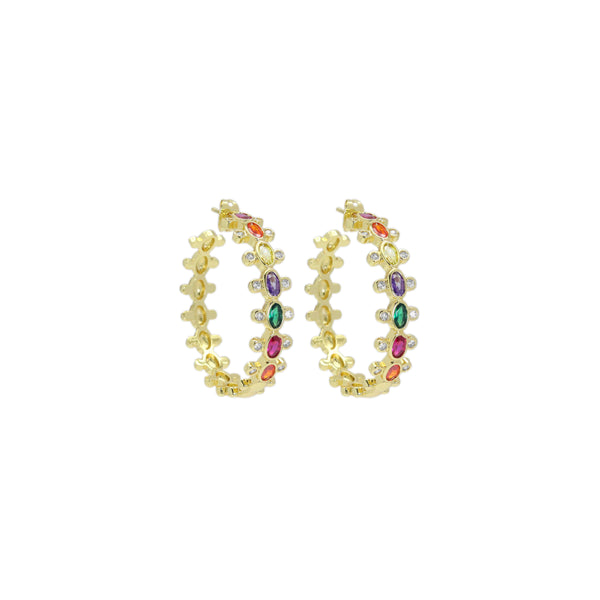 Colorful Oval CZ Gold Hoop Earrings, Sku#LD531