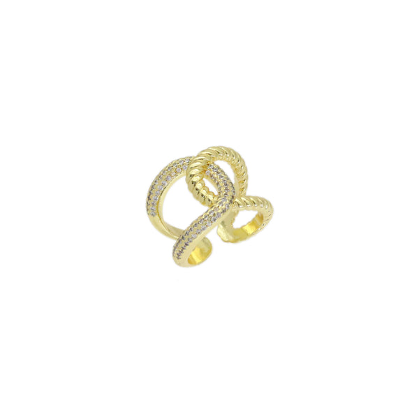 CZ Gold Oval Cross LInk Adjustable Ring, Sku#LD536
