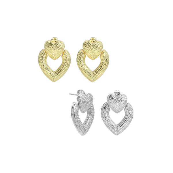 Gold Silver Hammered Double Heart Earrings, Sku#LD569