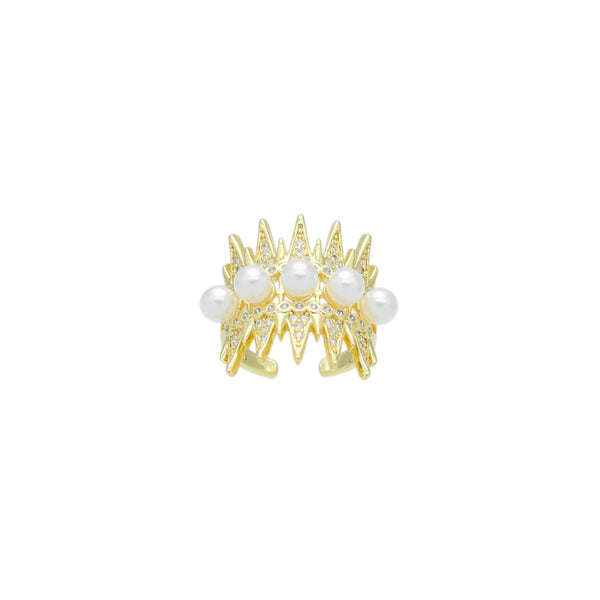 Clear CZ White Pearl Triangle Spike Adjustable Ring, Sku#LD613