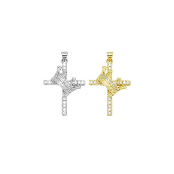 Gold Silver Clear CZ Crown Cross Charm Pendant, Sku#LD637