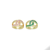 Pink Green Clear Baguette CZ Cross Link Adjustable Ring, Sku#LD653