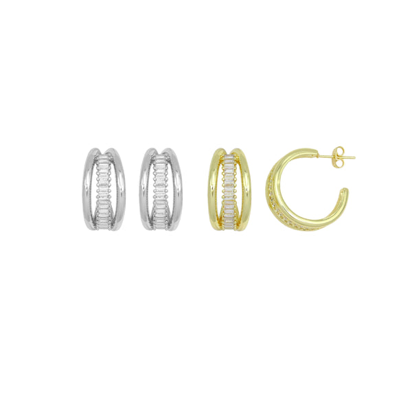 Baguette CZ Gold Multiline Hoop Stud Earrings, Sku#LD664