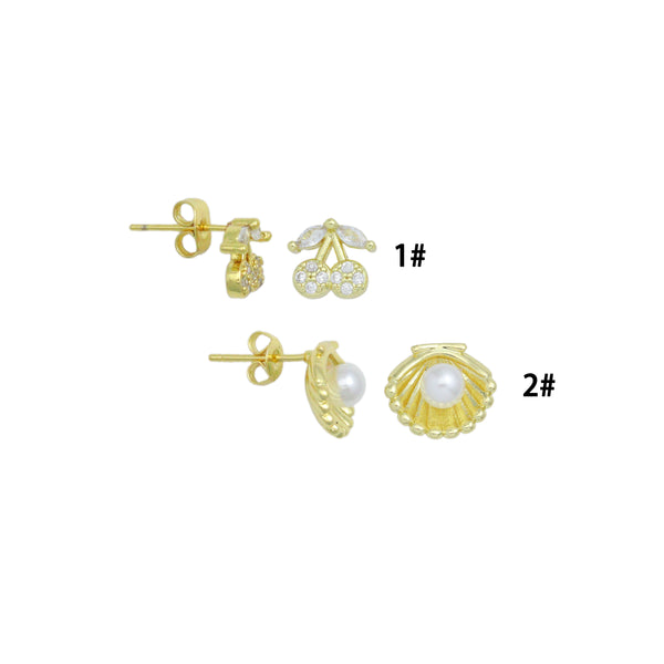 Clear CZ White Pearl Gold Cherry Clam Shell Stud Earrings, Sku#LD733