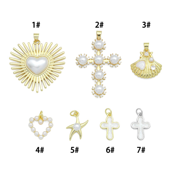 White Pearl Heart White Cross Shell Starfish Charm Pendant,Sku#LD746