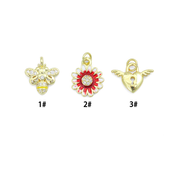 Colorful Enamel Bee Wing Heart Daisy Flower Shape Charm Pendant, Sku#LD755