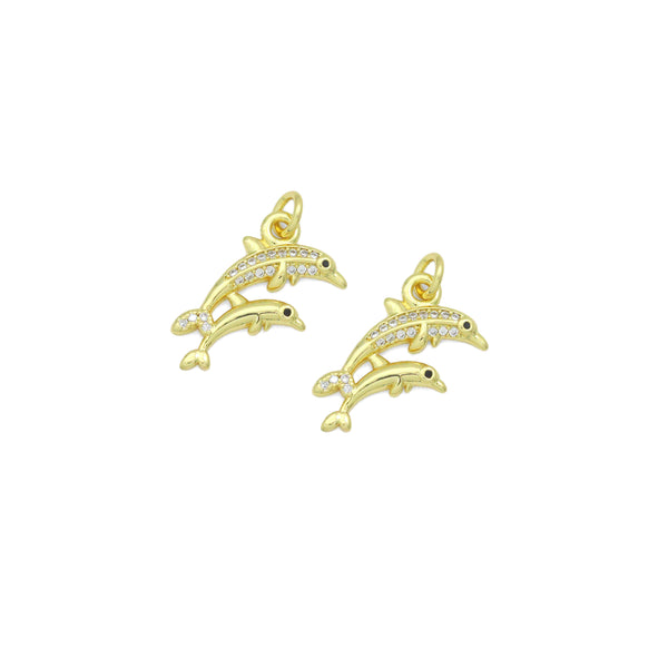 Gold Clear CZ Two Dolphins Pendant charm, Sku#LD763