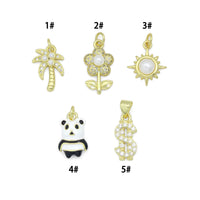 Clear CZ White Pearl Palm Tree, Gold Flower Panda Sun pearl Dollar sign Charm Pendant, Sku#LD775