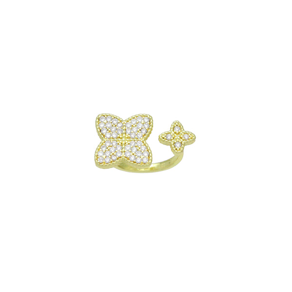 Gold Clear CZ Clover Statement Adjustable Ring, Sku#LK1008