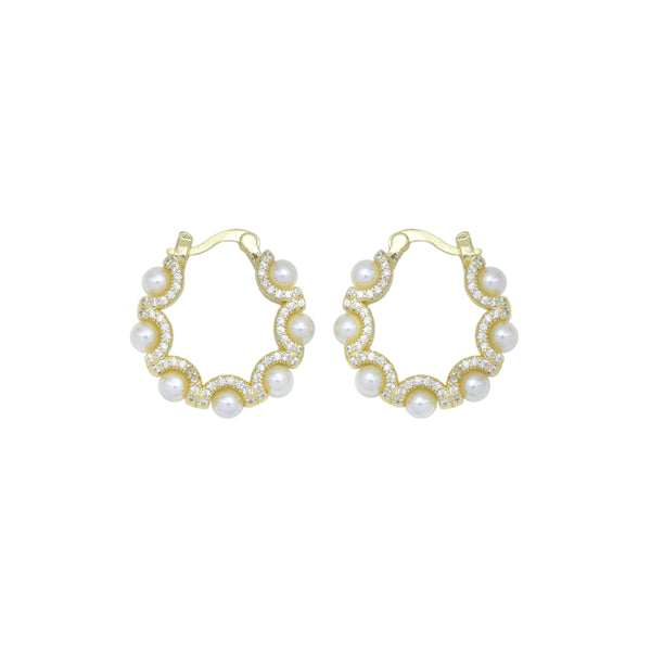 Clear CZ Gold wave line Pearl Hoop Earrings, Sku#LK1009