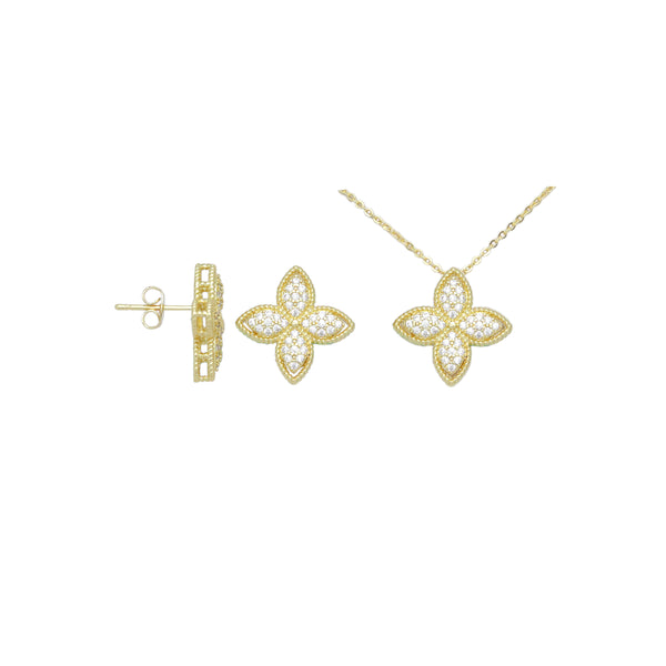 Gold Clear CZ Flower Stud Earrings pendant Charm set, Sku#LK1019