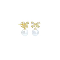 CZ White Pearl Bow Stud Earrings, Sku#LK1037