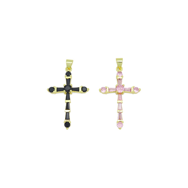Pink Black Baguette CZ Cross Shape Charm Pendant, Sku#LK1047