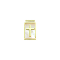 Gold Cross on Mother of Pearl Cross Rectangle Shape Charm Pendant, Sku#LK1051