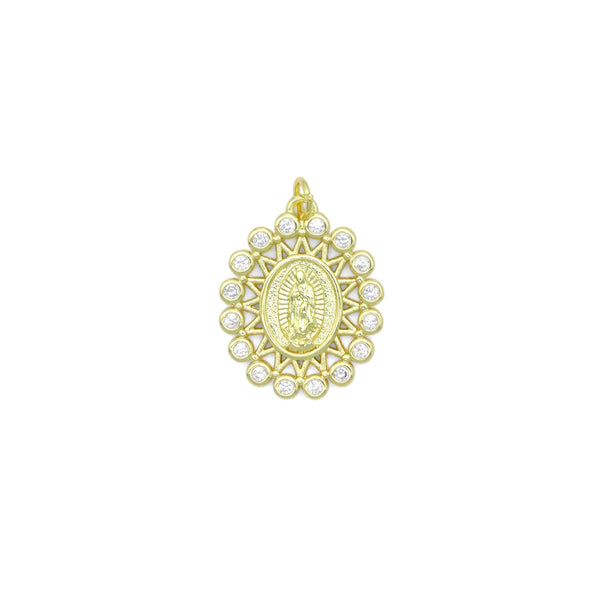 Clear CZ Gold Virgin Mary On Oval Shape Charm Pendant, Sku#LK1113