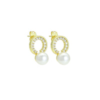 Clear CZ Circle with White Pearl Stud Earrings, Sku#LK1119