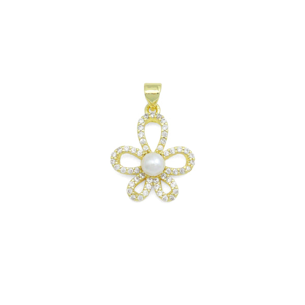 Clear CZ White Pearl Gold Flower Charm Pendant, Sku#LK1126